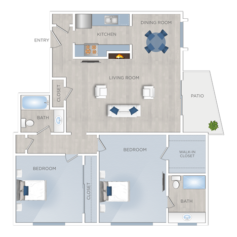 Floor plan for 2 beds, 2 baths